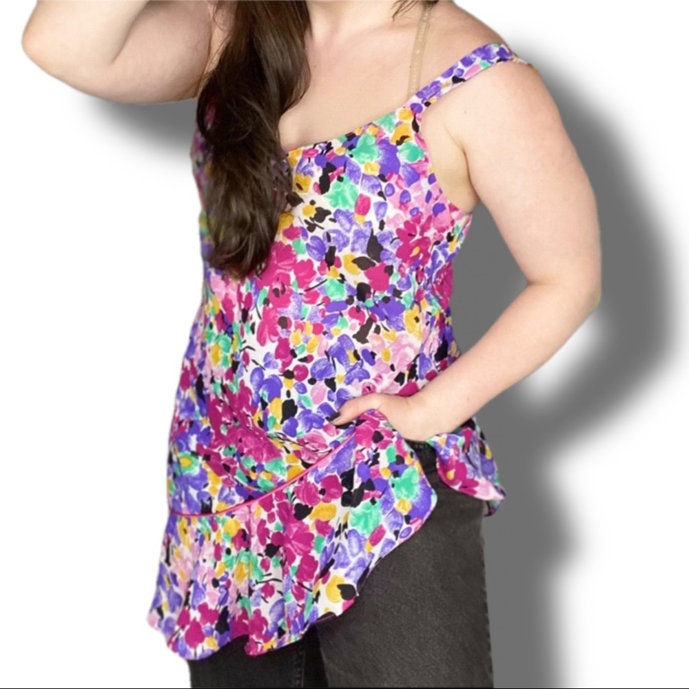 1970s Vintage Lingerie Floral Ruffle Top Size Large Watercolor Style
